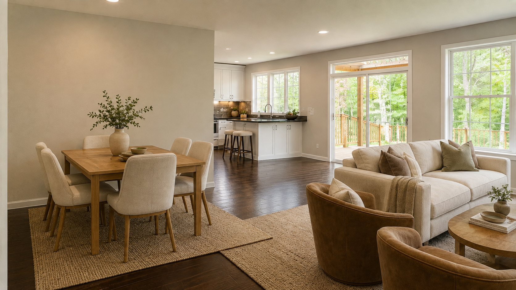 Bright open-plan living, dining, and kitchen area with views of mature trees